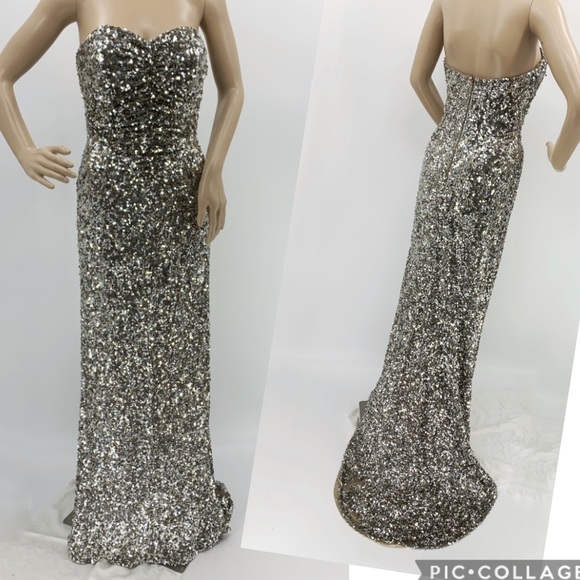 Scala Silver Metallic Sequin Strapless Gown Tail 6 - Picture 2 of 9